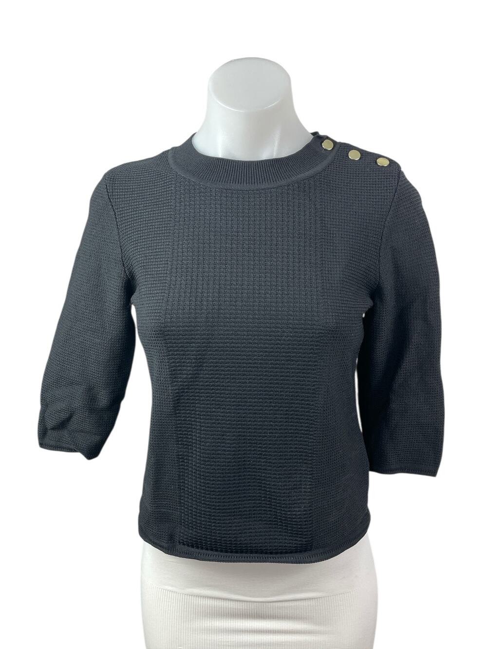 H&M Women's Black Waffle Knit Half Sleeve Crew Neck Thermal Sweater Top Size S
